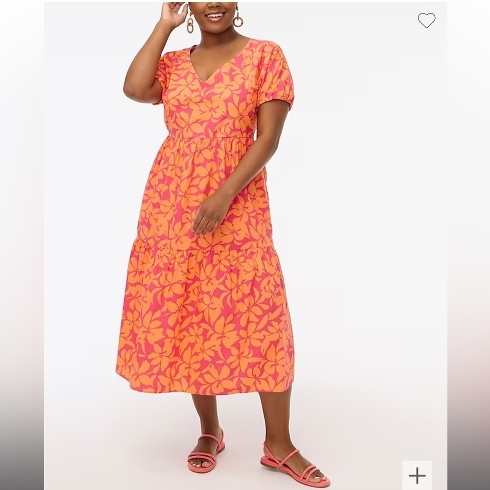 j. crew factory puff sleeve tiered floral hawaiian printed midi dress 2023